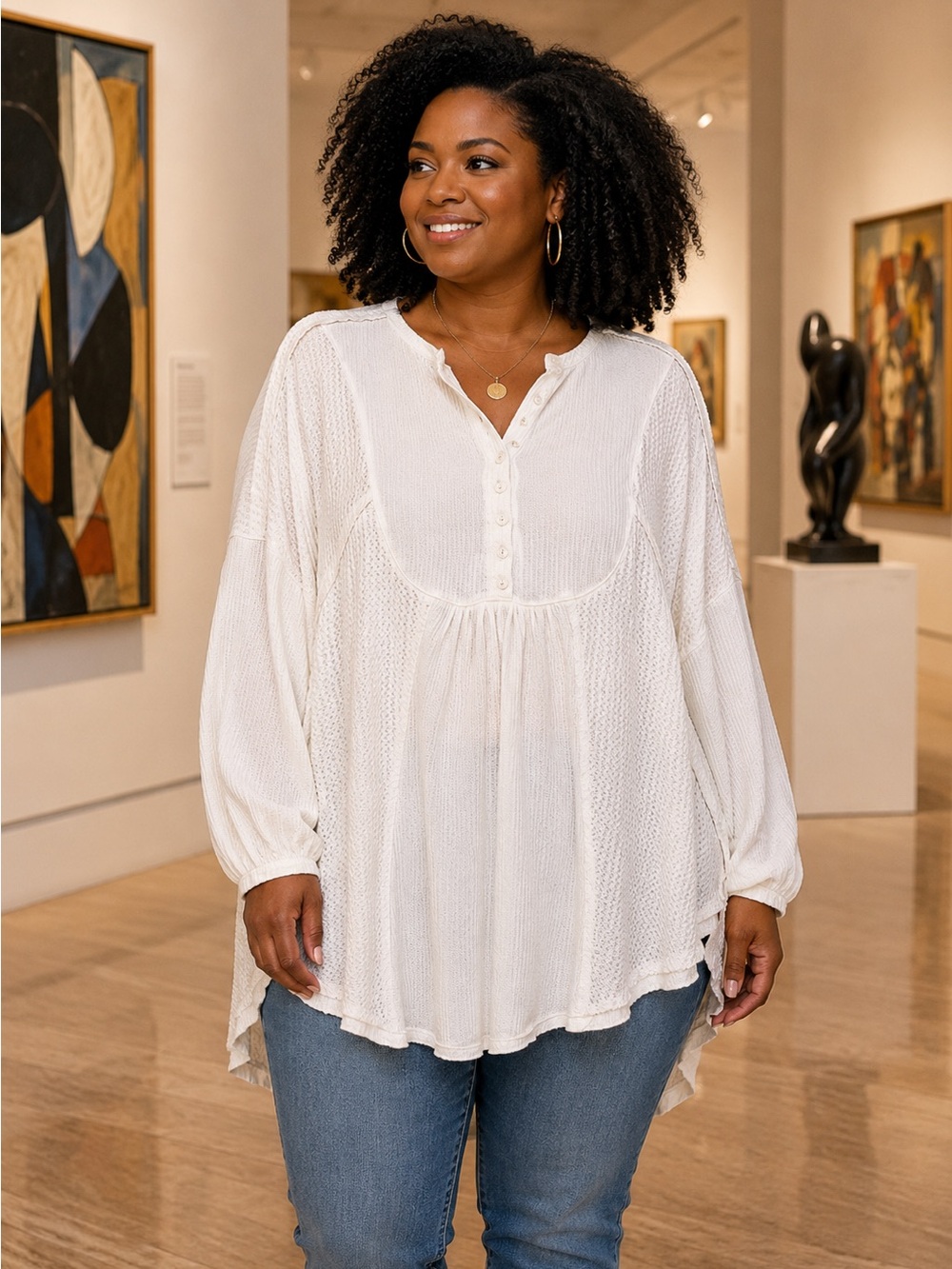 Free People Ivory Peasant Henley Tunic